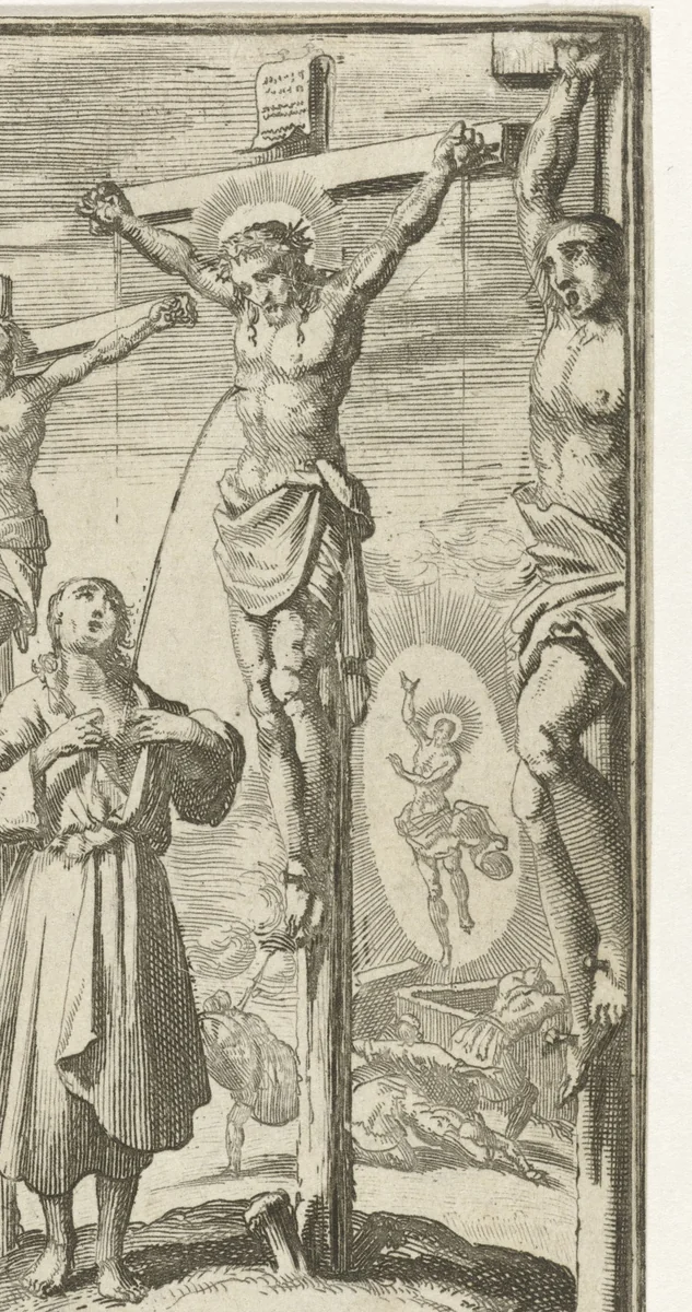 Man ontvangt op Golgotha een bloedstraal van de gekruisigde Christus in zijn eigen boezem by Jan Luyken, print, 1689