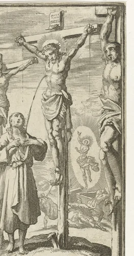 Man ontvangt op Golgotha een bloedstraal van de gekruisigde Christus in zijn eigen boezem by Jan Luyken, print, 1689