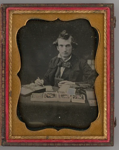 Untitled (Portrait of Seated Man Holding a Daguerreotype and Brush) by Samuel Miller, other, 1865