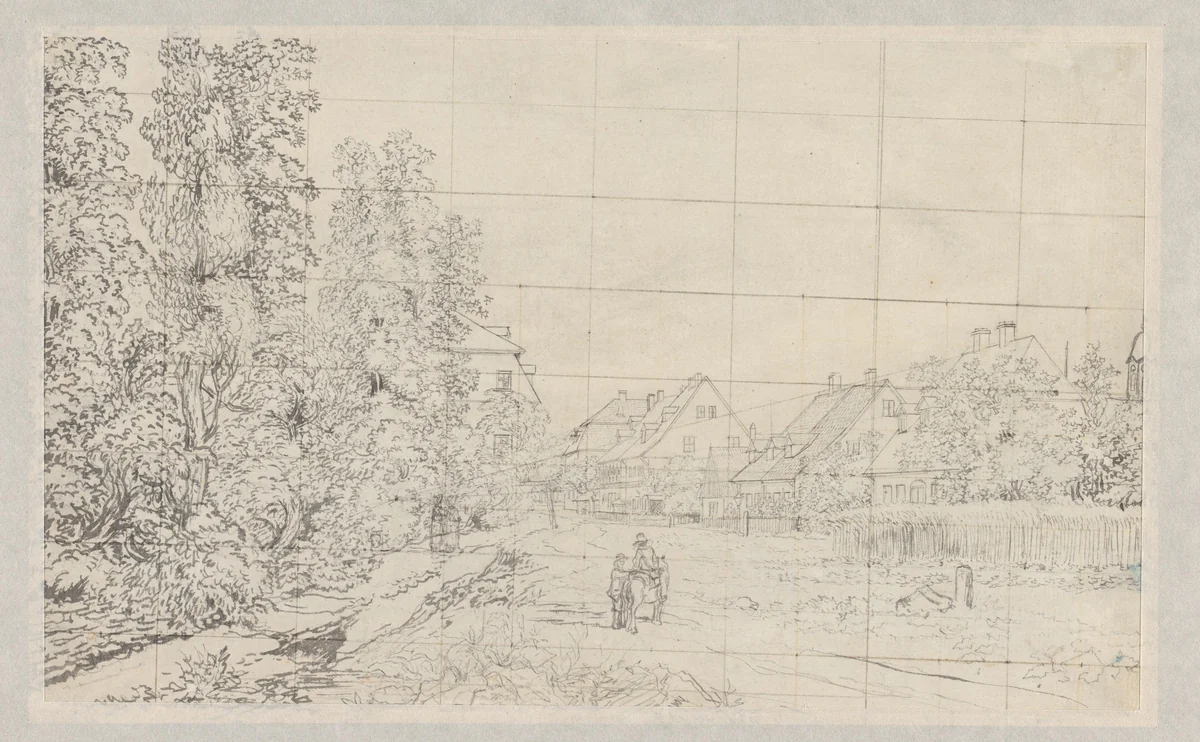 Dorpsweg met huizen (in Duitsland?) met twee figuren by Henry Edridge, drawing, 1811