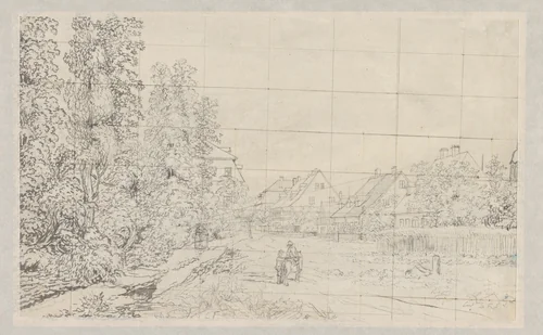 Dorpsweg met huizen (in Duitsland?) met twee figuren by Henry Edridge, drawing, 1811