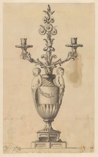 Ontwerp voor een vaasvormige kandelaber voor twee kaarsen, met twee jongetjes en een uit een bladkrans opstijgende bloementak by anonymous, drawing, 1765-1775