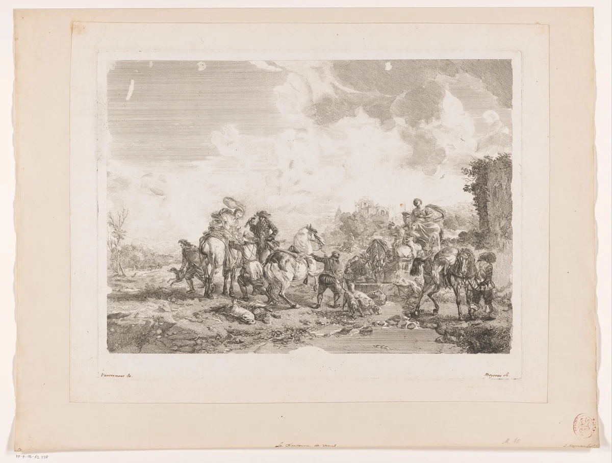 Rustend jachtgezelschap bij een fontein by Jean Moyreau, print, 1750