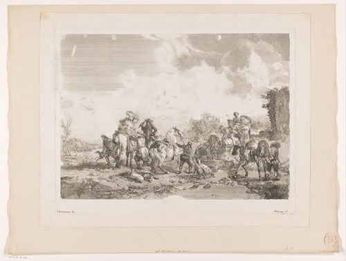 Rustend jachtgezelschap bij een fontein by Jean Moyreau, print, 1750