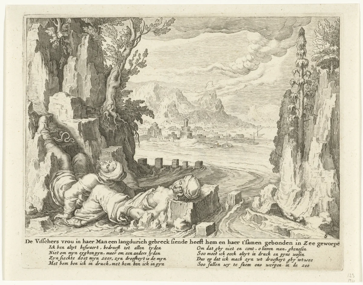 Een vissersvrouw verdrinkt zich samen met haar ongeneeslijk zieke man in zee by Zacharias Dolendo, print, 1615-1652