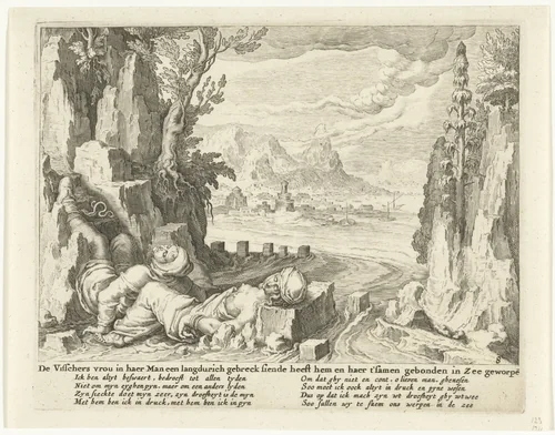 Een vissersvrouw verdrinkt zich samen met haar ongeneeslijk zieke man in zee by Zacharias Dolendo, print, 1615-1652