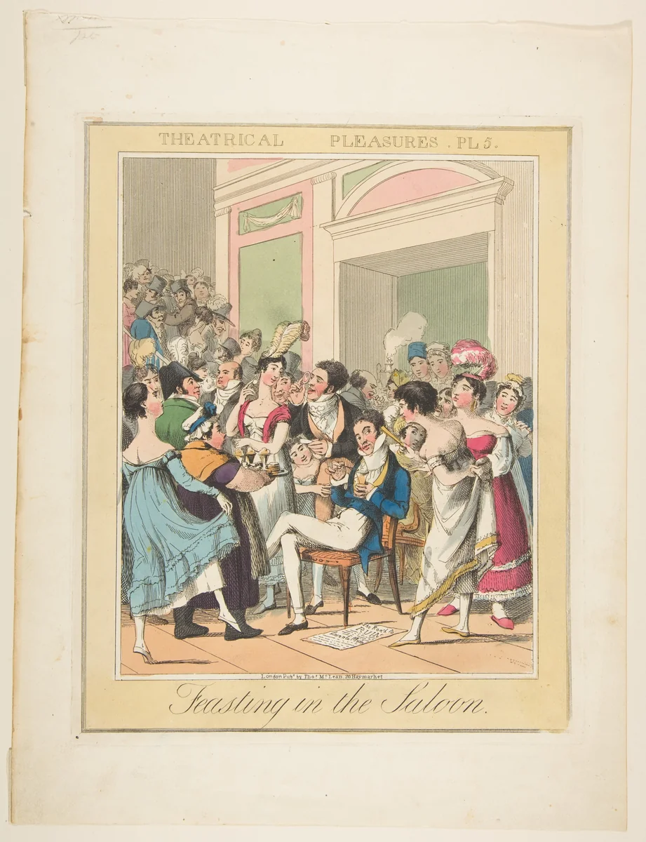 Theatrical Pleasures, Plate 5: Feasting in the Saloon by Theodore Lane, print, 1830-1840