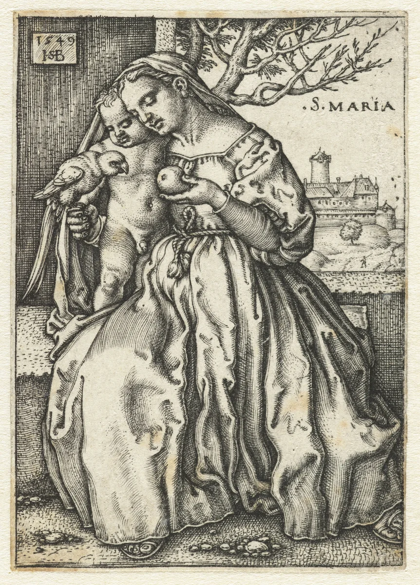Maria met kind en papegaai en peer by Unknown, print, 1549