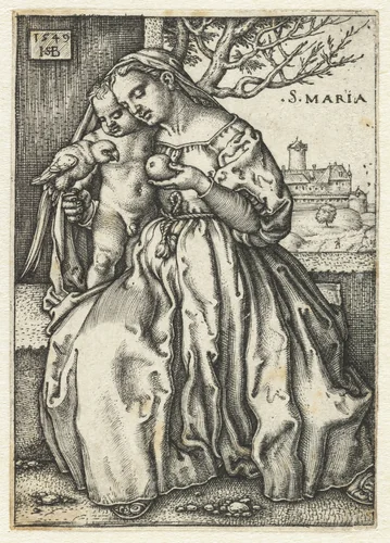 Maria met kind en papegaai en peer by Unknown, print, 1549