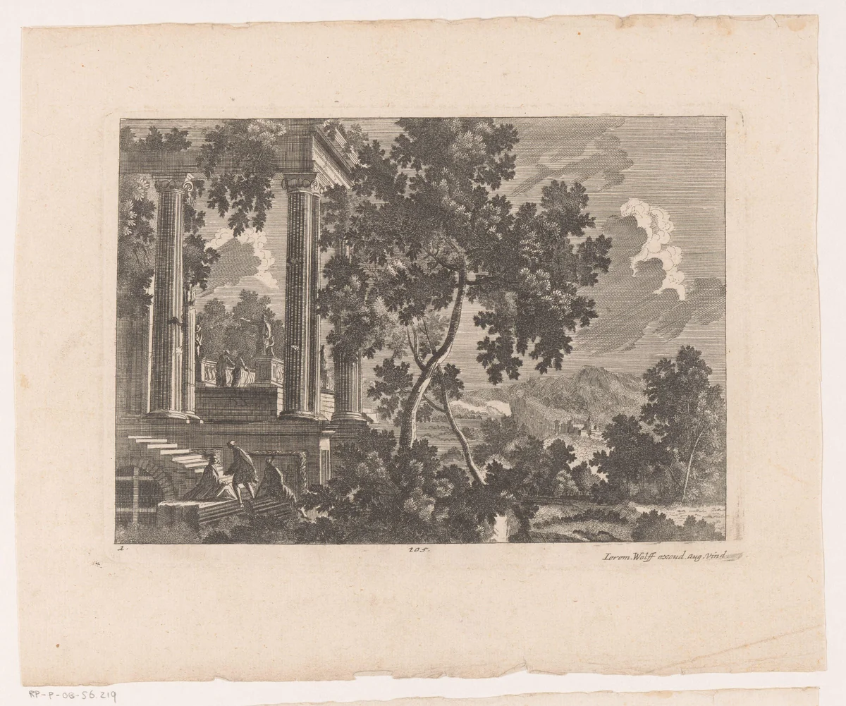 Landschap met een portico by anonymous, print, 1673-1724