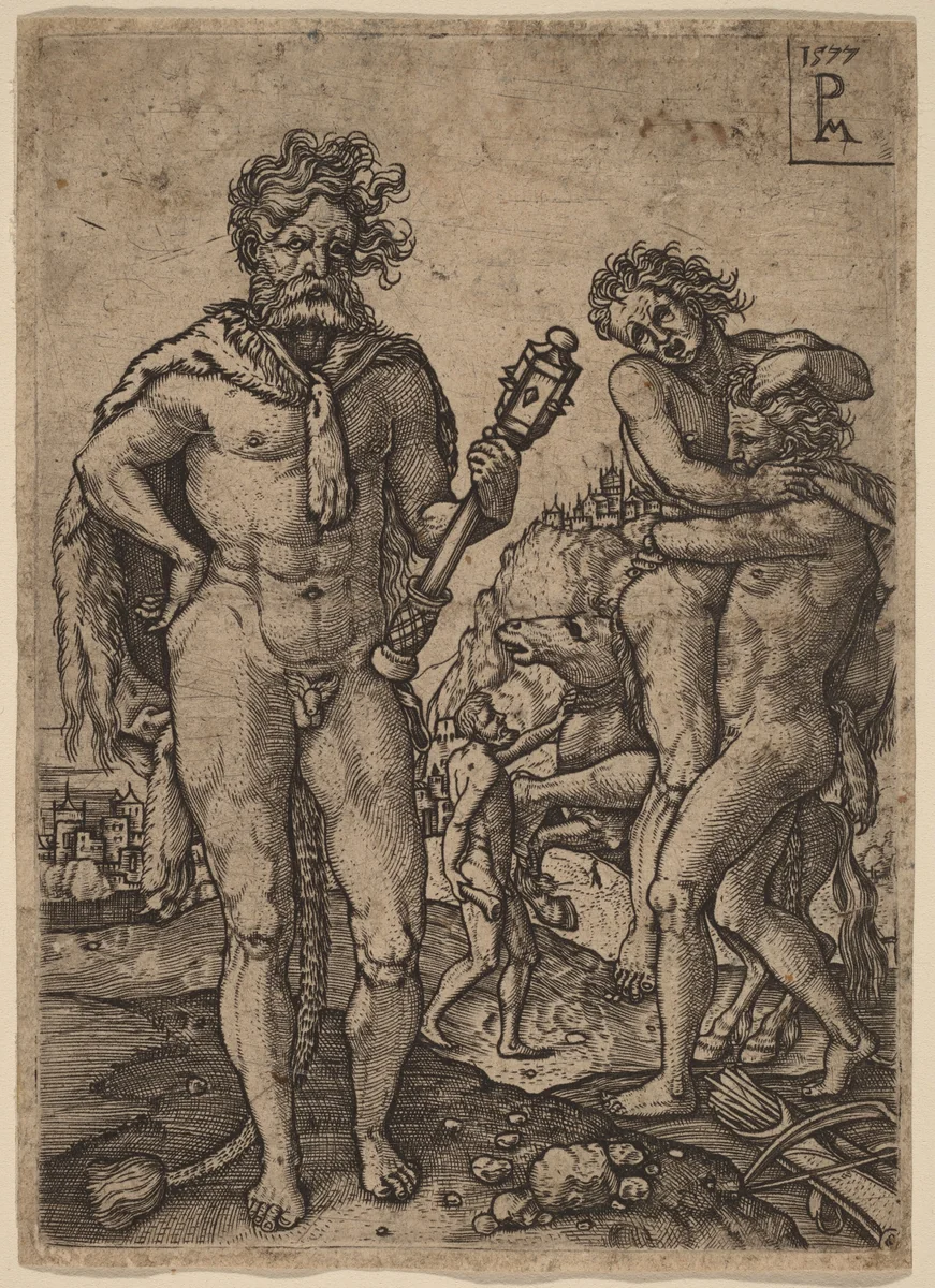 Hercules and Antaeus by Peter Maes, print, 1577