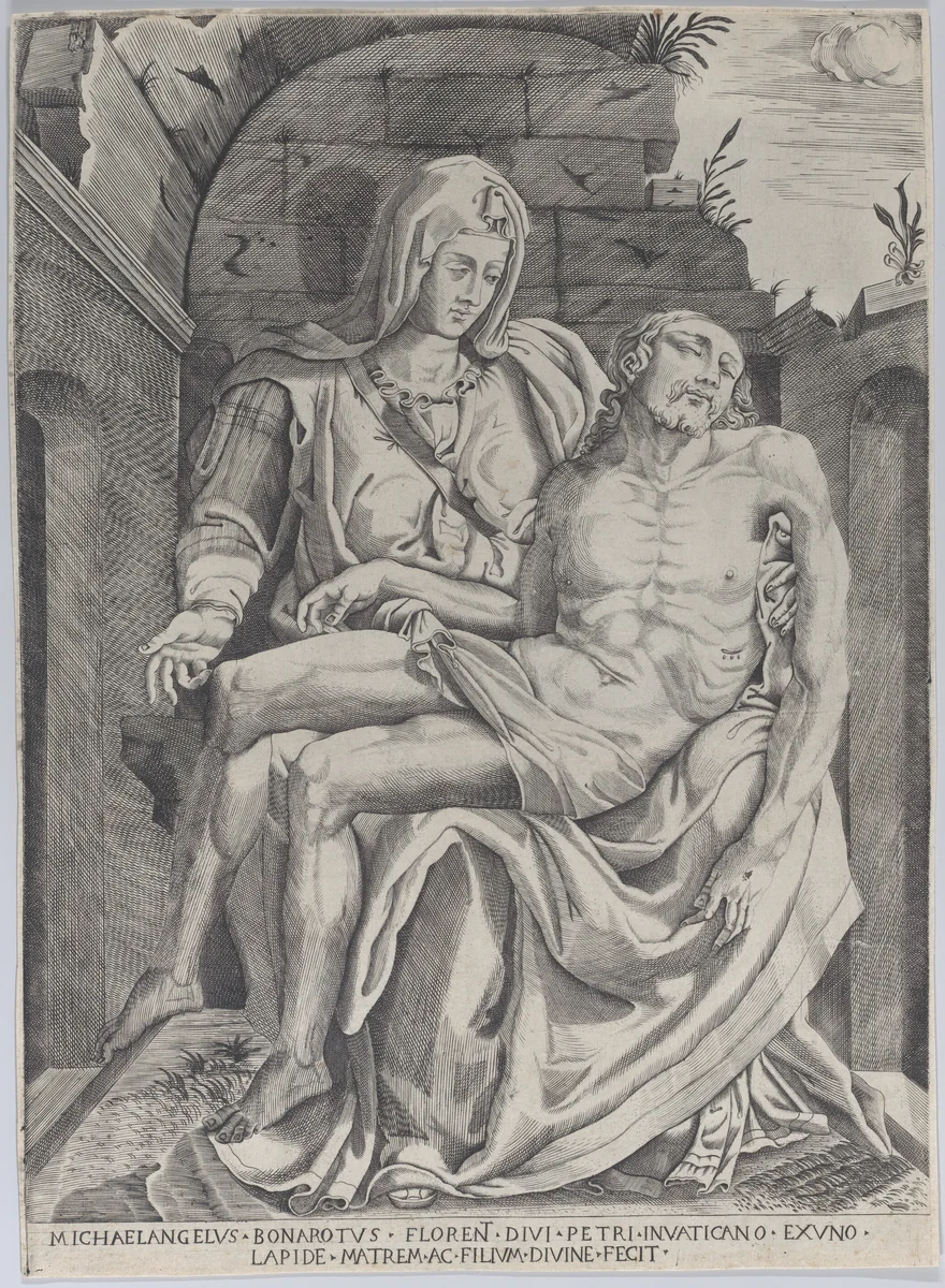 Pietà, set against an arched ruin by Master of the Name of Jesus Christ, print, 1556-1572
