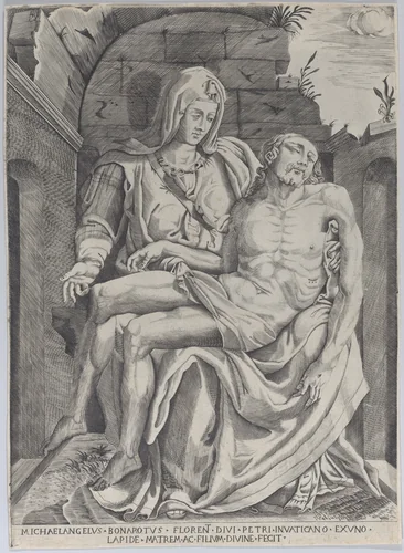 Pietà, set against an arched ruin by Master of the Name of Jesus Christ, print, 1556-1572