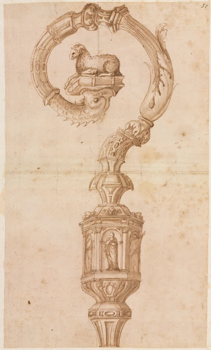 Design for a Crozier by Luzio Romano, drawing, 1530-1570