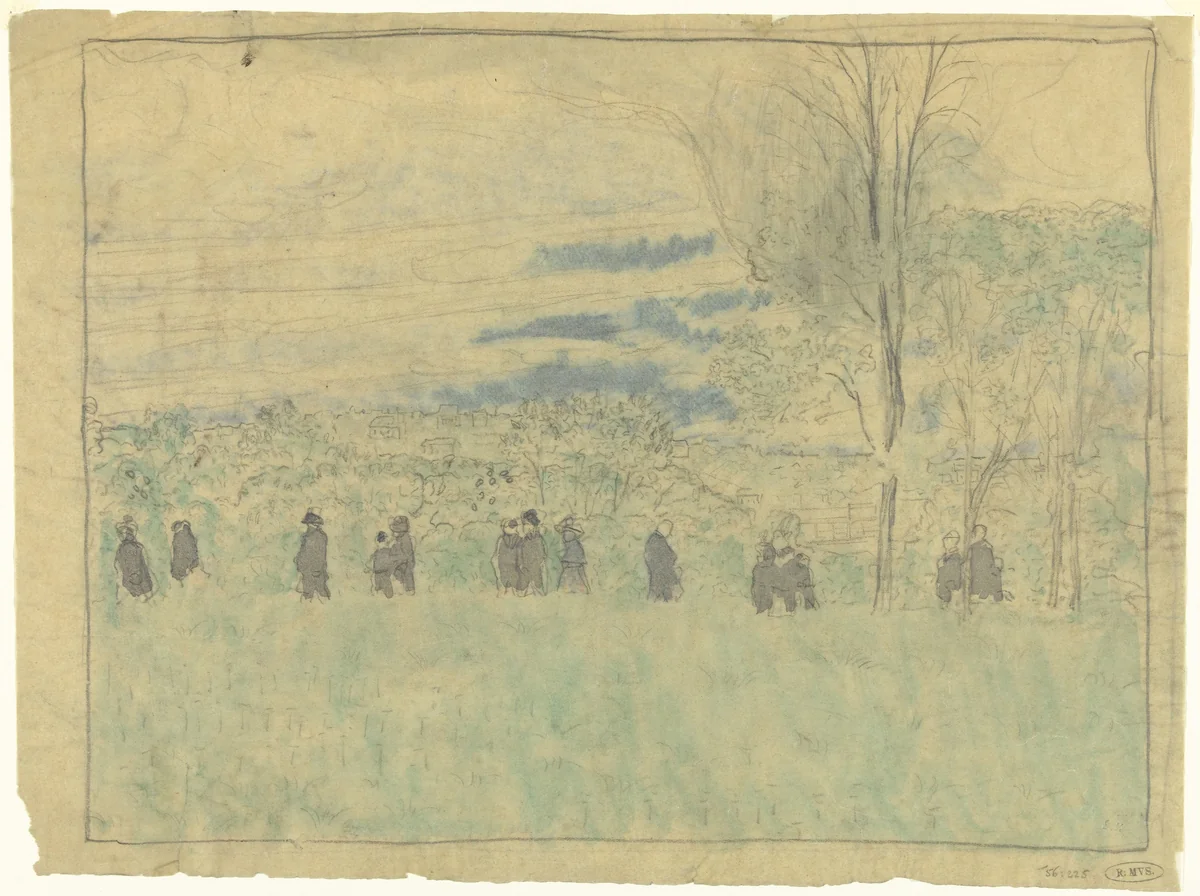 Landschap met wandelaars: begrafenisoptocht (?) by Édouard Vuillard, drawing, 1878-1940