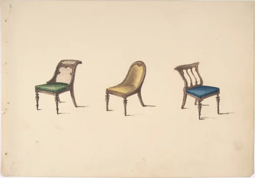 Design for Three Chairs with Slanted Backs, Green, Yellow and Blue Upholstery by anonymous, drawing, 1800-1850