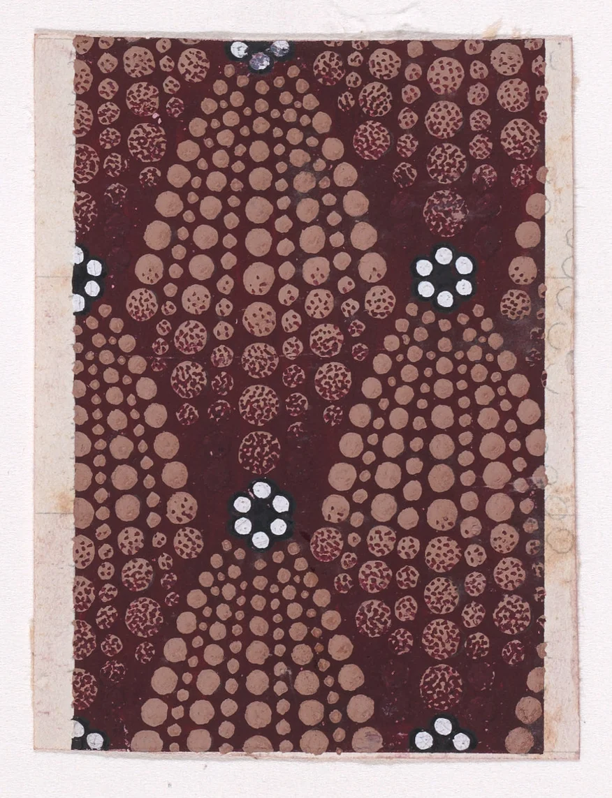 Textile Design with Alternating Rosettes of Pearls Flanked with Abstract Palmettes of Dots by anonymous, drawing, 1840