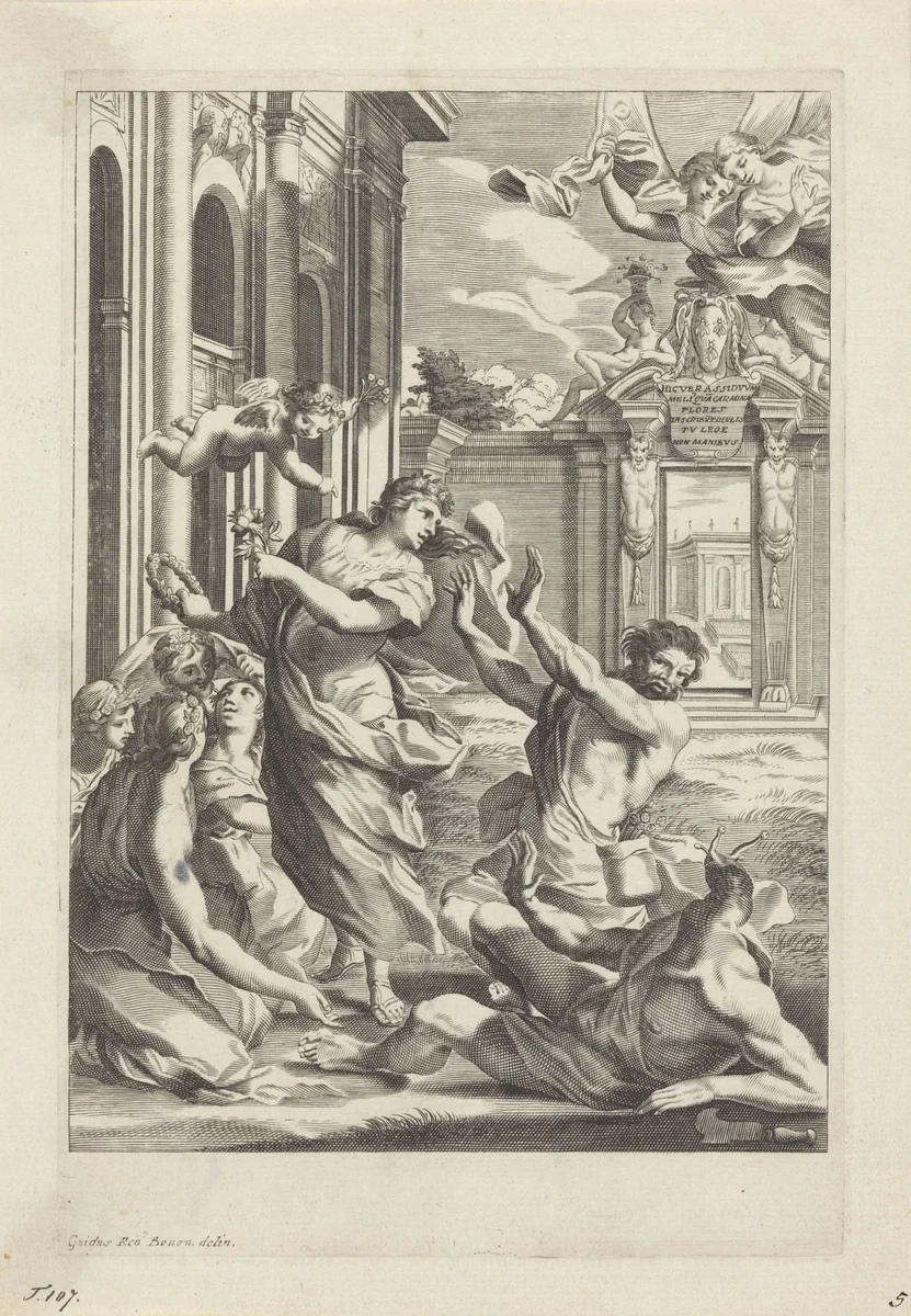 Man met slakkenhoofd en Flora by anonymous, print, 1633