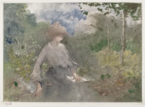 Reading in a Garden (Lettura in giardino) by Pompeo Mariani, print, 1904-1905