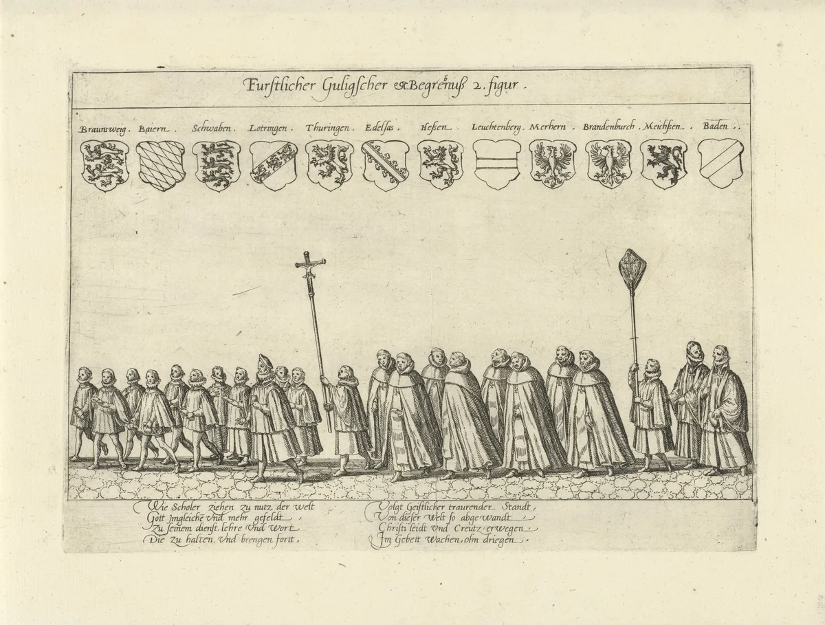 Begrafenisstoet met scholieren en geestelijken by Unknown, print, 1592