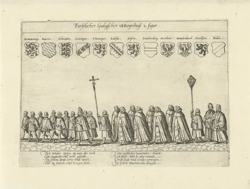 Begrafenisstoet met scholieren en geestelijken by Unknown, print, 1592