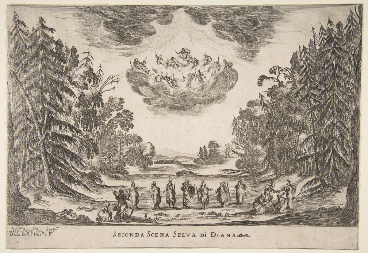 The Wedding of the Gods: Second Scene, Diana by Stefano della Bella, print, 1637