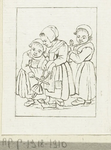 Drie meisjes met poppen by Pieter de Mare, print, 1779