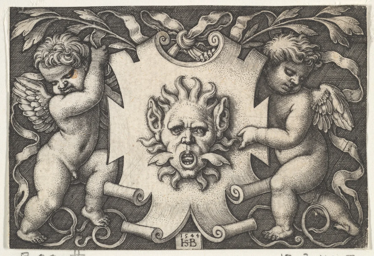 A Mask on an Escutcheon Supported by Two Genii by Sebald Beham, print, 1544