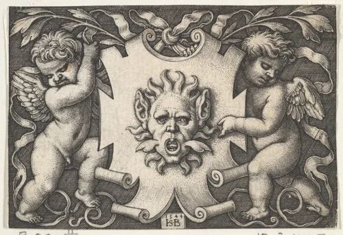 A Mask on an Escutcheon Supported by Two Genii by Sebald Beham, print, 1544