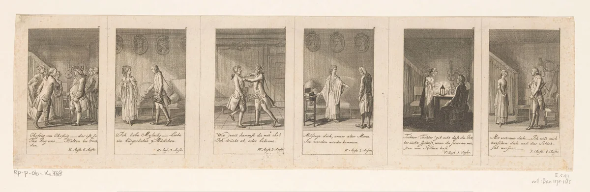 Zes voorstellingen uit Schillers Kabale un Liebe by Daniel Nikolaus Chodowiecki, print, 1785