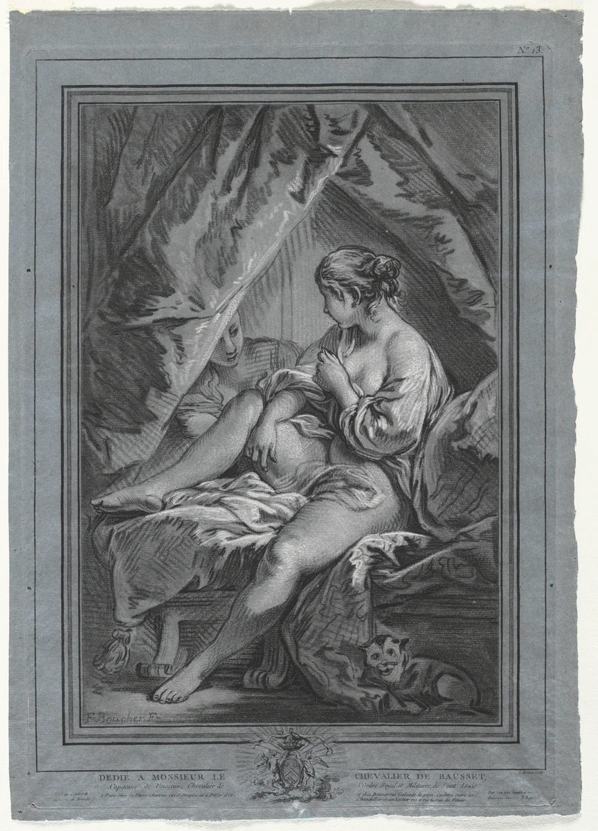 Young Woman Seated on a Bed by Louis Marin Bonnet, print, 1764-1767