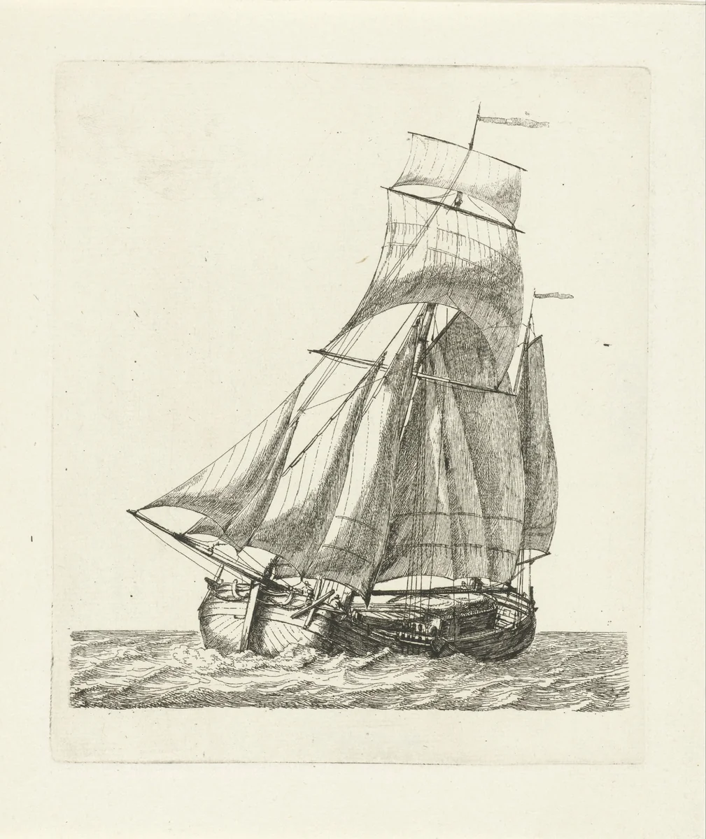 Zeilschip met drie figuren by Gerrit Groenewegen, print, 1790
