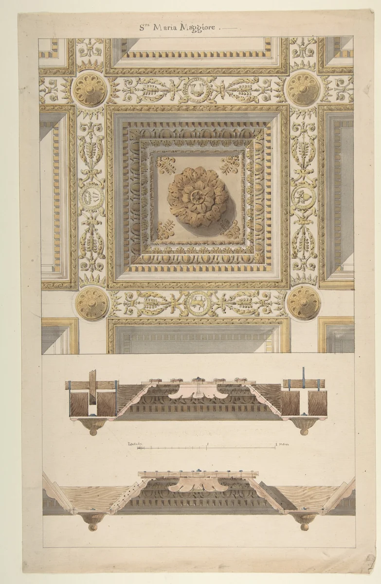 Details of the Coffered and Beamed Ceiling in Santa Maria Maggiore, Rome by anonymous, drawing, 1800-1899