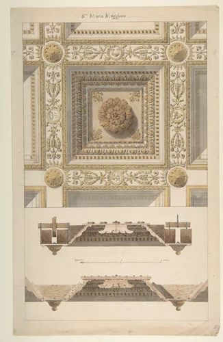 Details of the Coffered and Beamed Ceiling in Santa Maria Maggiore, Rome by anonymous, drawing, 1800-1899