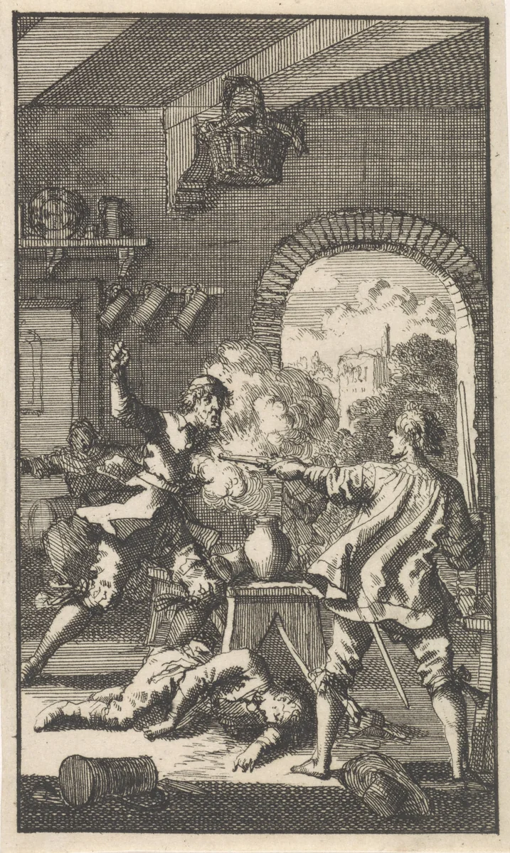 Moord door kardinaal Del Monte, 1560 by Jan Luyken, print, 1699
