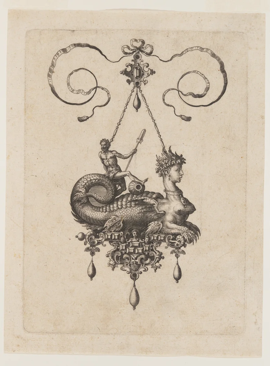 Designs for Pendants with Sea Monsters by Adriaen Collaert, print, 1582