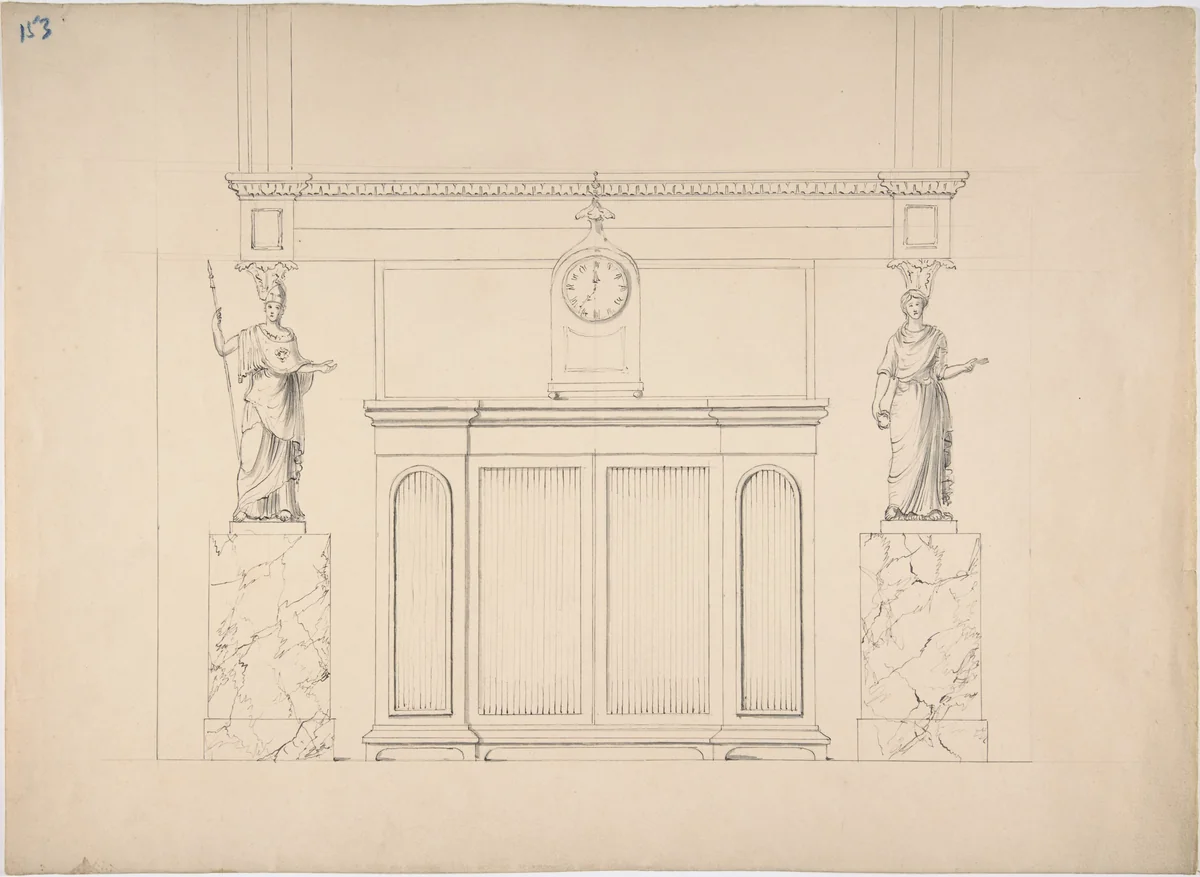 Design for a Cabinet with Inset Fabric Panels, and Two Female Classical Statues on Marble Pedestals by anonymous, drawing, 1800-1850
