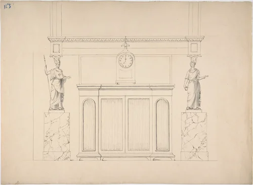 Design for a Cabinet with Inset Fabric Panels, and Two Female Classical Statues on Marble Pedestals by anonymous, drawing, 1800-1850