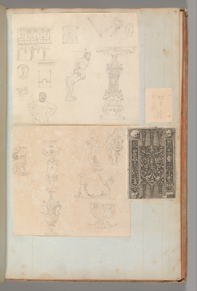 Page from a Scrapbook containing Drawings and Several Prints of Architecture, Interiors, Furniture and Other Objects by Charles Percier, book, 1795-1805