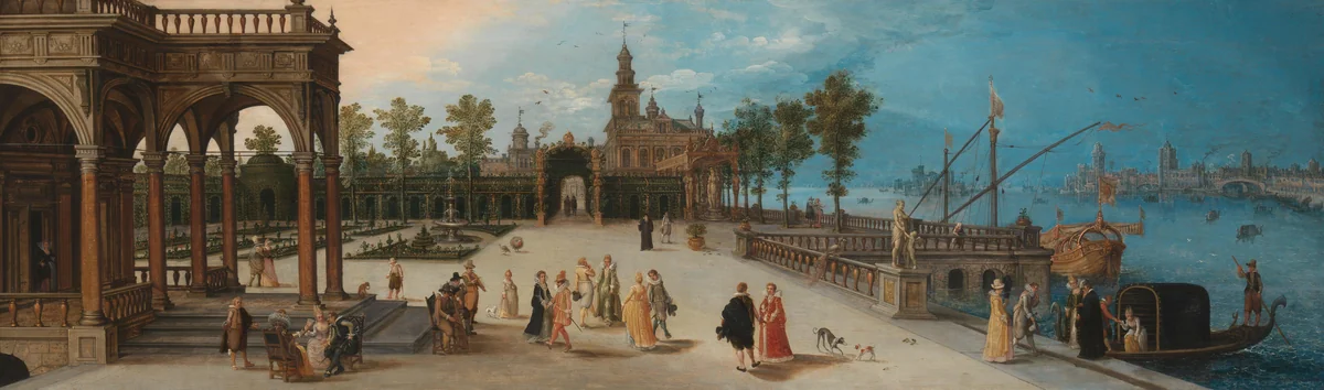 Dancing Party in the Forecourt of an Imaginary Palace with a Capriccio View of Venice in the Distance by anonymous, painting, 1615