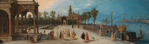 Dancing Party in the Forecourt of an Imaginary Palace with a Capriccio View of Venice in the Distance by anonymous, painting, 1615