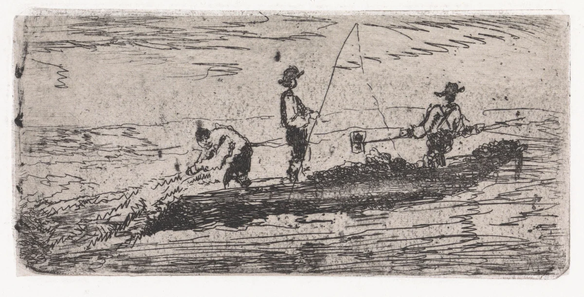 Boot met drie vissers by Arnoud Schaepkens, print, 1855-1904
