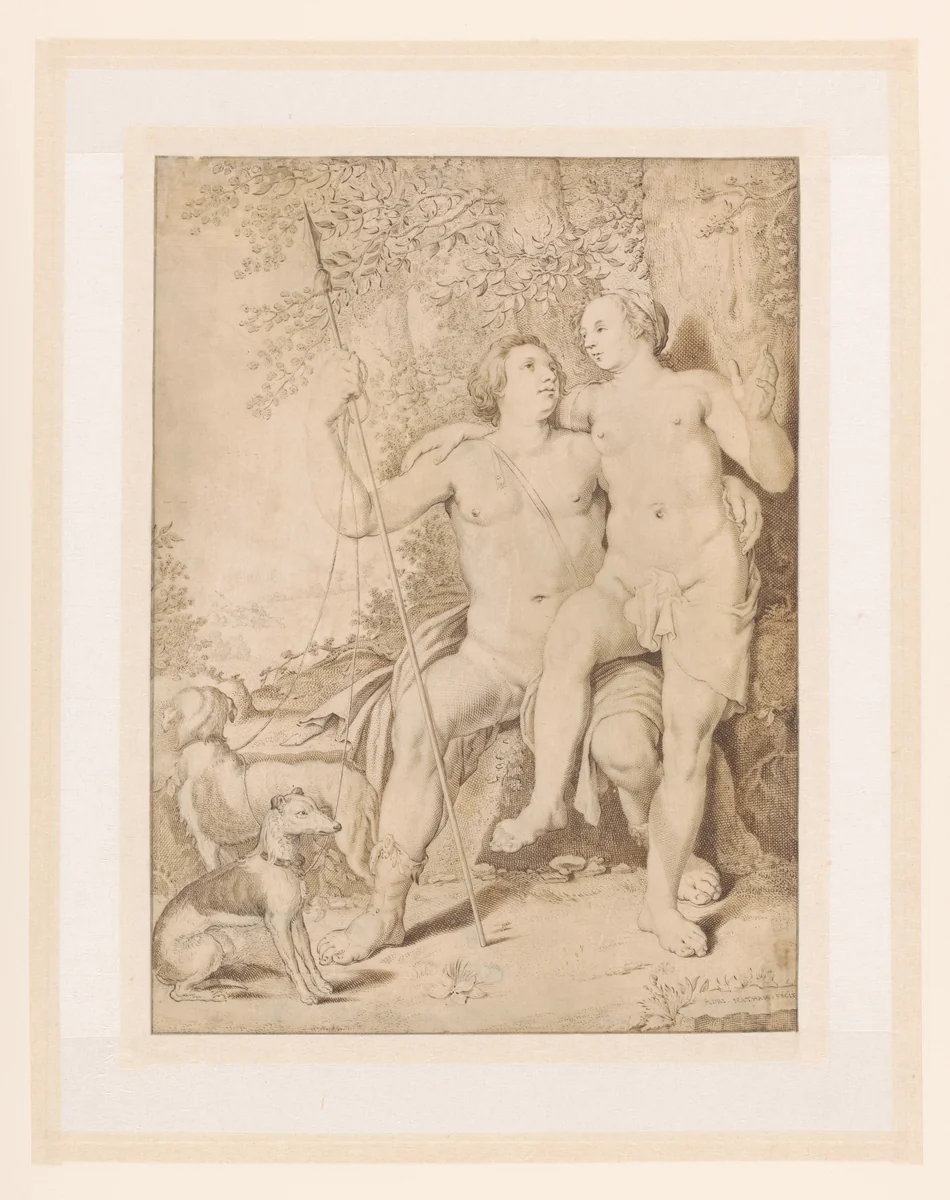 Venus and Adonis by Adriaen Matham, drawing, 1610-1660