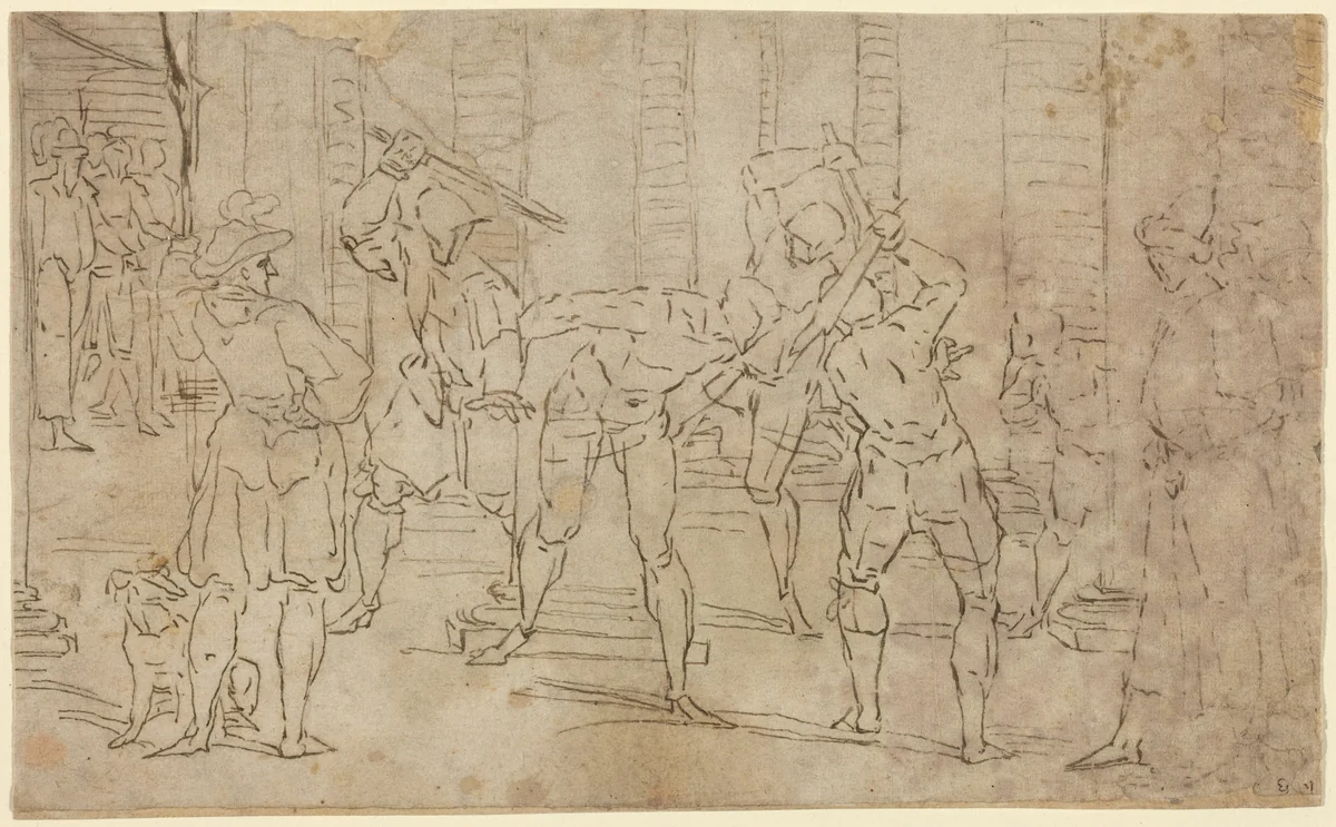Flagellation of Christ by Luca Cambiaso, drawing, 1570-1579