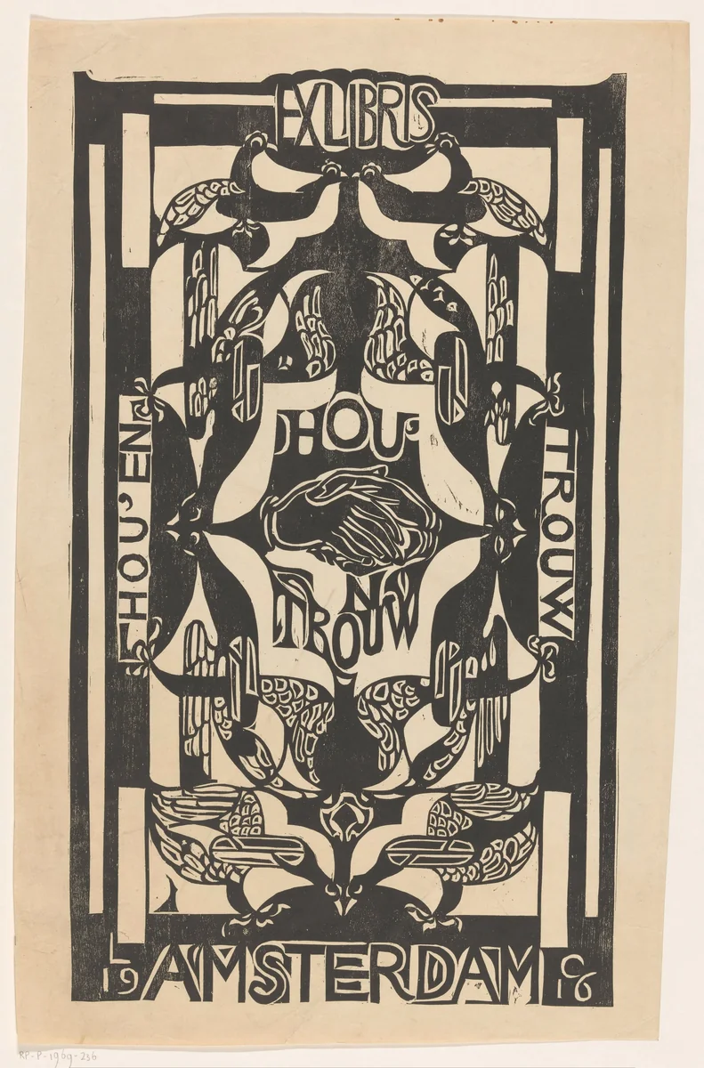 Ex libris van de vereniging Hou'en Trouw by Carel Adolph Lion Cachet, print, 1916