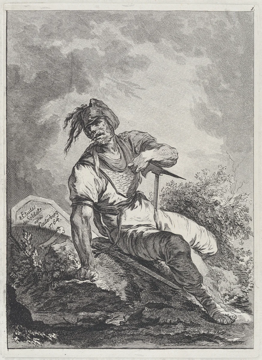 Soldier Seated on a Rock by Matthias Pfenninger, print, 1764