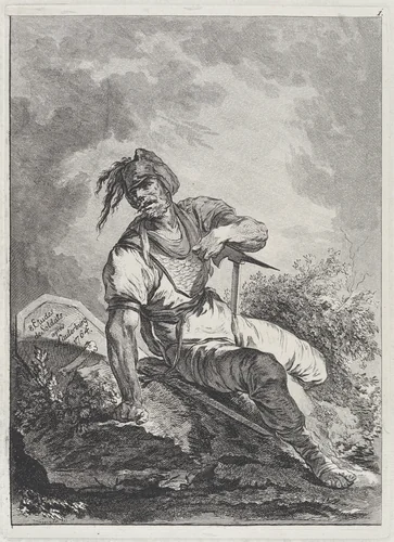 Soldier Seated on a Rock by Matthias Pfenninger, print, 1764