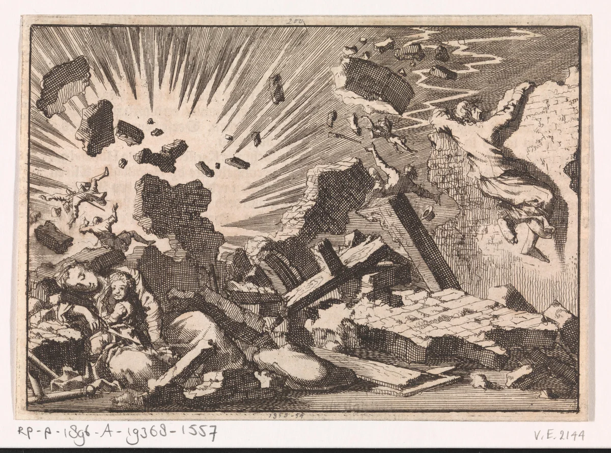 Ontploffing van buskruit door een blikseminslag in het kasteel op het eiland Guernsay, 1673 by Jan Luyken, print, 1698