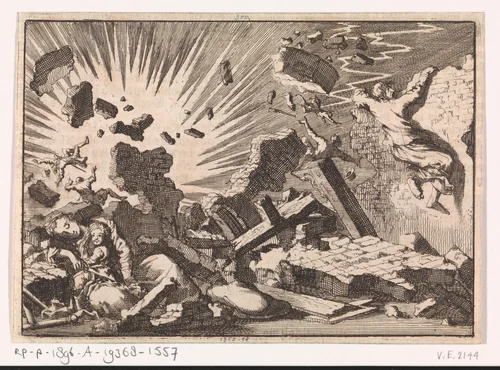 Ontploffing van buskruit door een blikseminslag in het kasteel op het eiland Guernsay, 1673 by Jan Luyken, print, 1698