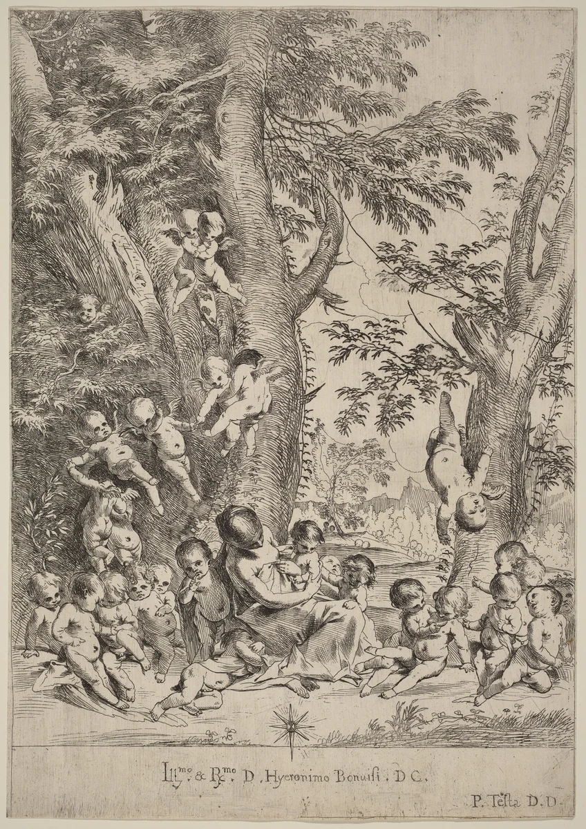 Young Woman, Surrounded by Cupids (The Garden of Charity, vertical version) by Pietro Testa, print, 1612-1650